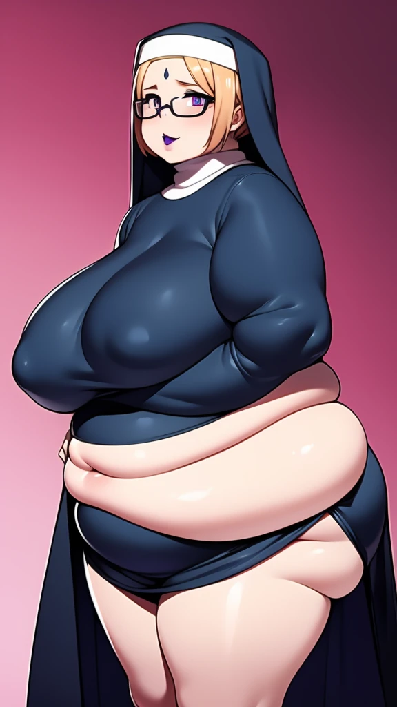 Anime Women, Adult female、1 person、Detailed face、Forehead、Glasses、Sharp eyes、Thick lips、Purple Lipstick、Painted lips、Very fat、Chubby、obesity、obesity顔、Double chin、Cheek、Thick neck、Fat-covered neck、Big Breasts、Very droopy breasts、Thick upper arms、Thick arms、...