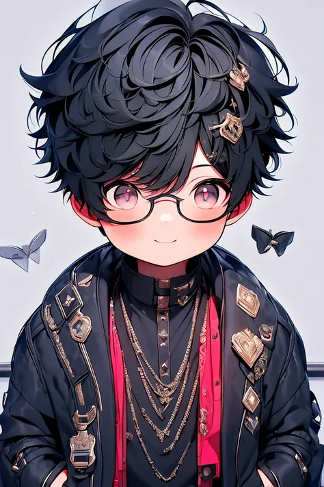 A boy trading stocks with a stock chart in the background, One boy, smile , Black Hair, Black-rimmed glasses, Stylish mysterious clothes ,Disheveled Hair,Little,3d,