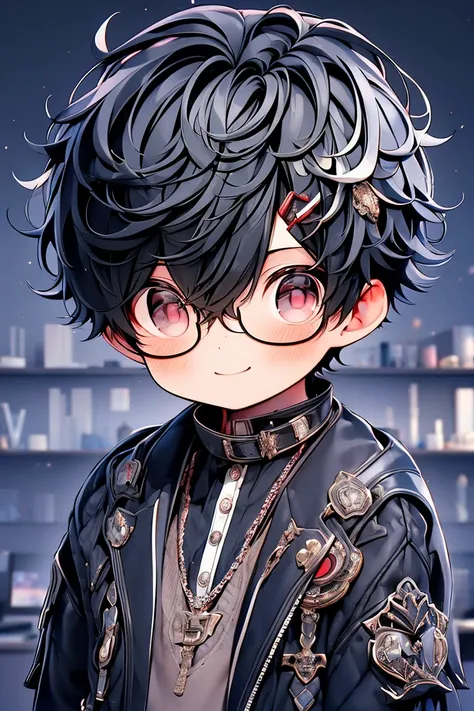 A boy trading stocks with a stock chart in the background, One boy, smile , Black Hair, Black-rimmed glasses, Stylish mysterious clothes ,Disheveled Hair,Little,3d,