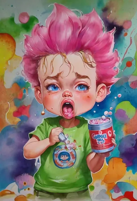 kid popping pimples on his face, ((garbage pail kids style)), in a school, 3d cartoon, high quality, detailed,