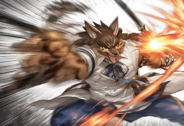 top quality, high-quality illustrations((masterpiece))depth of field, motion blur, absurdres, Perfect Anatomy, magnificent picture of kemono fighting fierce battles, kemono, 1boy, solo focus, Anthro((dramatic))epic, weapon, dynamic pose, One scene of movie...