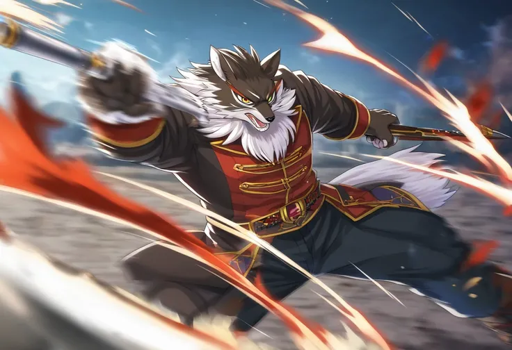 top quality, high-quality illustrations((masterpiece))depth of field, motion blur, absurdres, Perfect Anatomy, magnificent picture of kemono fighting fierce battles, kemono, 1boy, solo focus, Anthro((dramatic))epic, weapon, dynamic pose, One scene of movie...