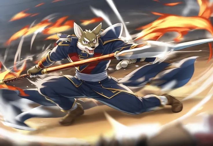 top quality, high-quality illustrations((masterpiece))depth of field, motion blur, absurdres, Perfect Anatomy, magnificent picture of kemono fighting fierce battles, kemono, 1boy, solo focus, Anthro((dramatic))epic, weapon, dynamic pose, One scene of movie...