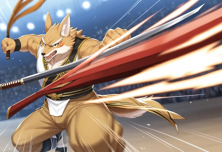 top quality, high-quality illustrations((masterpiece))depth of field, motion blur, absurdres, Perfect Anatomy, magnificent picture of kemono fighting fierce battles, kemono, 1boy, solo focus, Anthro((dramatic))epic, weapon, dynamic pose, One scene of movie...