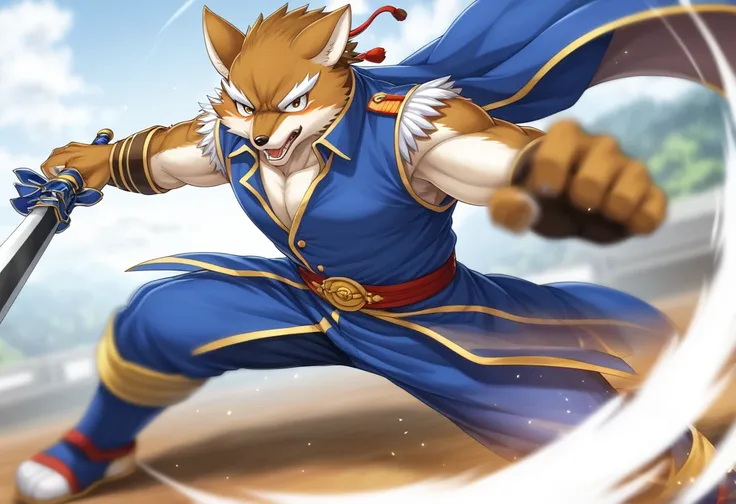 top quality, high-quality illustrations((masterpiece))depth of field, motion blur, absurdres, Perfect Anatomy, magnificent picture of kemono fighting fierce battles, kemono, 1boy, solo focus, Anthro((dramatic))epic, weapon, dynamic pose, One scene of movie...