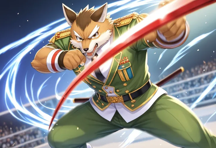 top quality, high-quality illustrations((masterpiece))depth of field, motion blur, absurdres, Perfect Anatomy, magnificent picture of kemono fighting fierce battles, kemono, 1boy, solo focus, Anthro((dramatic))epic, weapon, dynamic pose, One scene of movie...