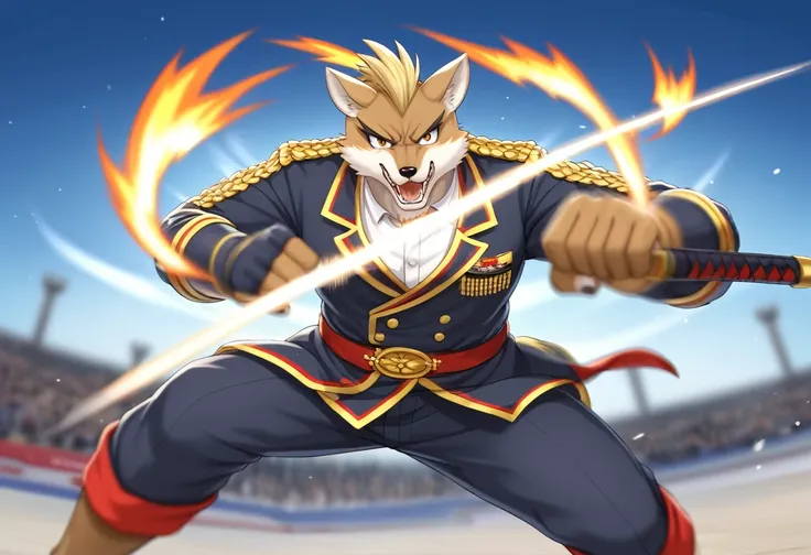 top quality, high-quality illustrations((masterpiece))depth of field, motion blur, absurdres, Perfect Anatomy, magnificent picture of kemono fighting fierce battles, kemono, 1boy, solo focus, Anthro((dramatic))epic, weapon, dynamic pose, One scene of movie...