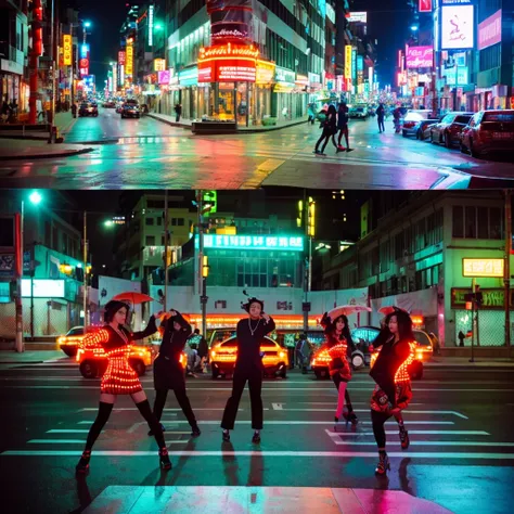 Scene**: The members walking along a vibrant city street, showcasing trendy outfits that blend street style and elegance.
- **Visuals**: Bright neon signs, fast-moving traffic, and playful interactions between the members.
- **Choreography**: A synchronize...