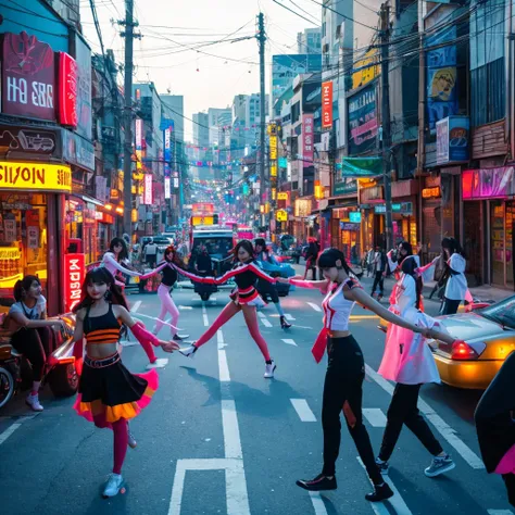 Scene**: The members walking along a vibrant city street, showcasing trendy outfits that blend street style and elegance.
- **Visuals**: Bright neon signs, fast-moving traffic, and playful interactions between the members.
- **Choreography**: A synchronize...