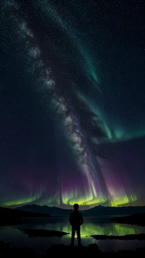 Best quality, masterpiece, fantasy, octane rendering, phone wallpaper, ((dark silhouette of a boy)), ((he looks tiny in the picture)), this boy  stands in the middle of the picture, is looking at the sky at night, from behind, vast and exspansive archipela...