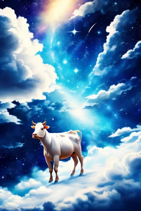 Space background、Star-studded sky、White cow looking up、Ox Zodiac Sign