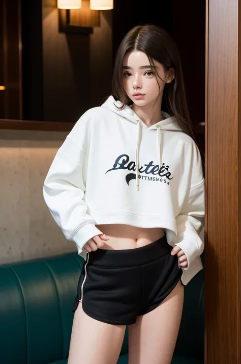 dashaTaran, Woman wearing a cropped hoodie and shorts, Boutique hotel lobby, (Natural lighting:0.5)