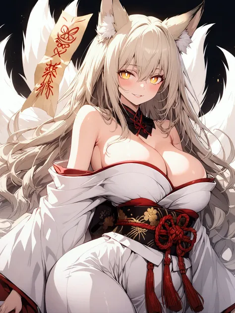 (extremely detailed CG, best quality:1.1), 1girl, perfect face, bright pupils, (finely detailed beautiful eyes:1.1), shiny skin, lustrous skin, wide hips, narrow waist, long hair, fox ears, animal ear fluff, fox girl, yellow eyes, fox tail, japanese clothe...