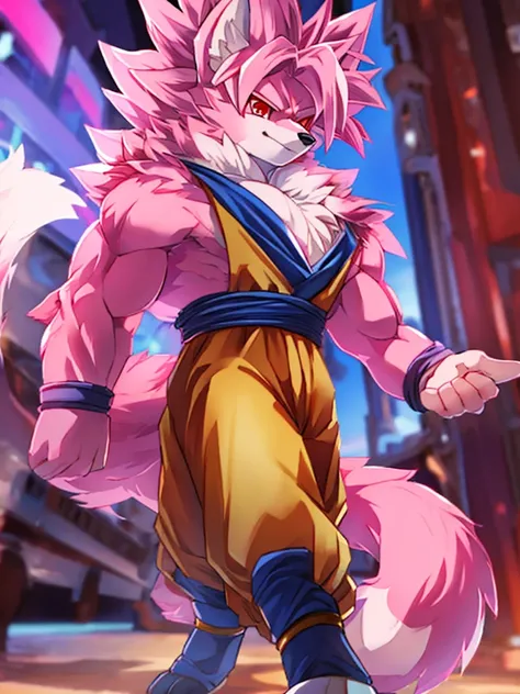 ((wolf)), 1boy, ((super saiyan)), ((pink fur)), ((fluffy tail)), ((red eyes)), ((furry)), perfect eyes, clothing