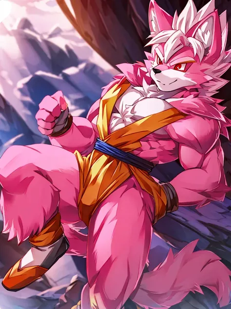 ((wolf)), 1boy, ((super saiyan)), ((pink fur)), ((fluffy tail)), ((red eyes)), ((furry)), perfect eyes, clothing