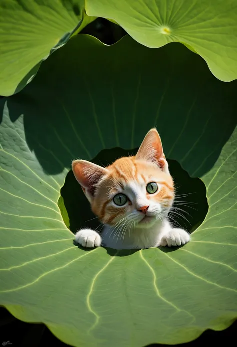 "Visualize an interpretation of a baby cat, floating in the sky on a large lotus leaf.  Play with perspective and layering, to create a multidimensional composition, which questions traditional notions of space and form. Be inspired by the avant-garde spir...