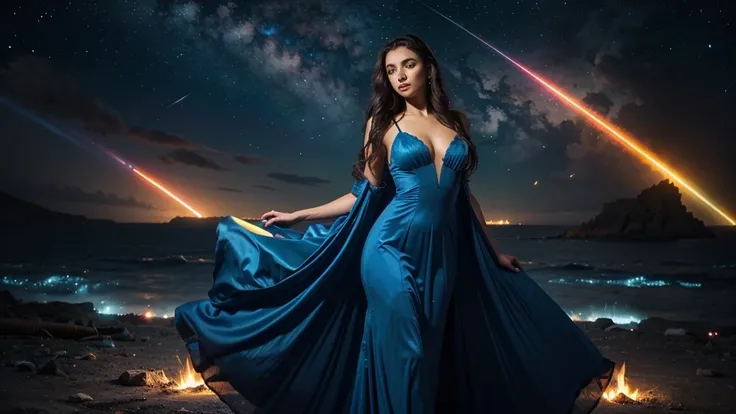 Background: a realm where galaxies collide and celestial clouds swirl. A glow from a thousand cosmic furnaces.
Foreground: a beautiful woman is standing, looking directly at the camera, divine, regal, celestial in appearance. She has long, flowing, dark ha...