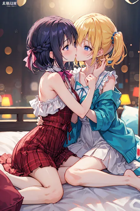 Anime image of women kissing on bed, Anime Girls, Lesbian Art, Naughty anime style, Cute kiss together, Naughty, Naughty style, 魅惑的なAnime Girls, On Pixiv, Beautiful detailed anime art, Download contents, [ 4K Digital Art ]!!, two beautiful Anime Girls, The...