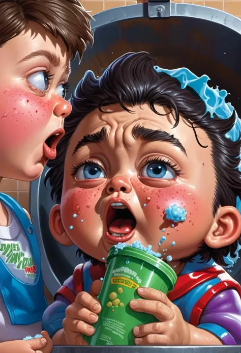 kid popping pimples on his face, ((garbage pail kids style)), in a school, 3d cartoon, high quality, detailed,