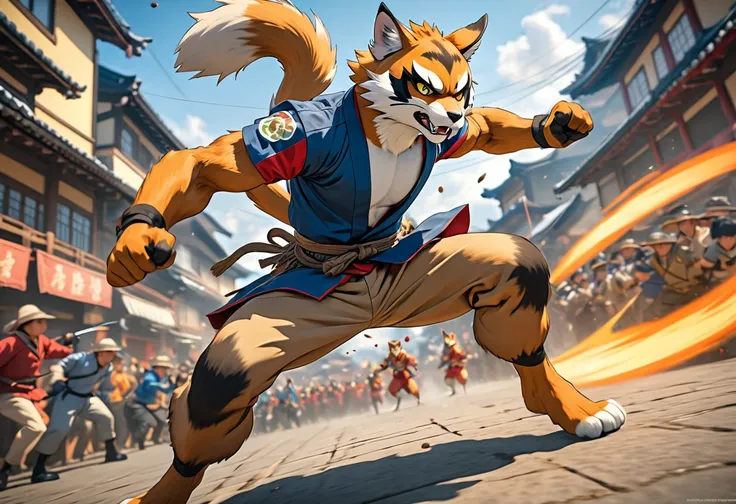 top quality, high-quality illustrations((masterpiece))depth of field, motion blur, absurdres, Perfect Anatomy, magnificent picture of kemono fighting fierce battles, kemono, 1boy, solo focus, Anthro((dramatic))epic, weapon, dynamic pose, One scene of movie...