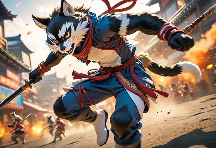 top quality, high-quality illustrations((masterpiece))depth of field, motion blur, absurdres, Perfect Anatomy, magnificent picture of kemono fighting fierce battles, kemono, 1boy, solo focus, Anthro((dramatic))epic, weapon, dynamic pose, One scene of movie...