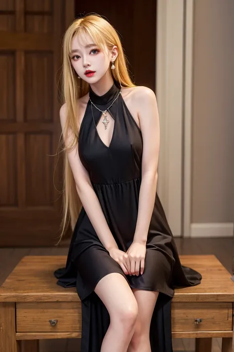 Highest quality,girl,cute,beautiful,Blonde,Sitting,Brown eyes,Black cabaret dress,Black Mini Dress,Diamond Necklace,