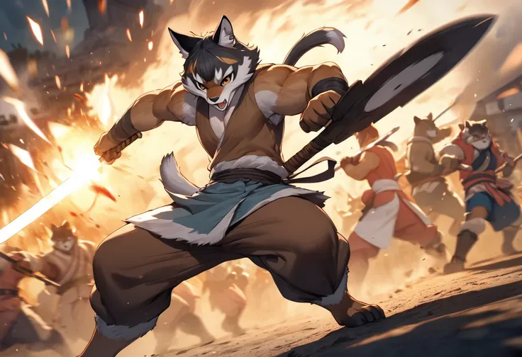 top quality, high-quality illustrations((masterpiece))depth of field, motion blur, absurdres, Perfect Anatomy, magnificent picture of kemono fighting fierce battles, kemono, 1boy, solo focus, Anthro((dramatic))epic, weapon, dynamic pose, One scene of movie...