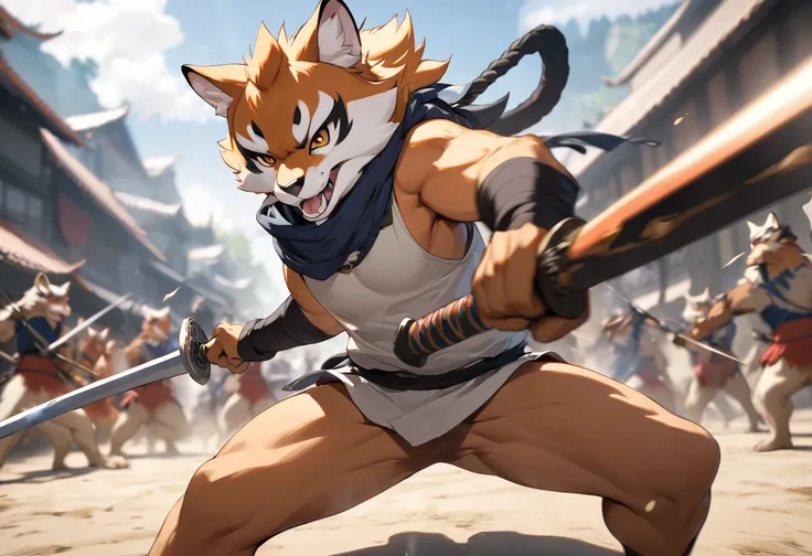 top quality, high-quality illustrations((masterpiece))depth of field, motion blur, absurdres, Perfect Anatomy, magnificent picture of kemono fighting fierce battles, kemono, 1boy, solo focus, Anthro((dramatic))epic, weapon, dynamic pose, One scene of movie...