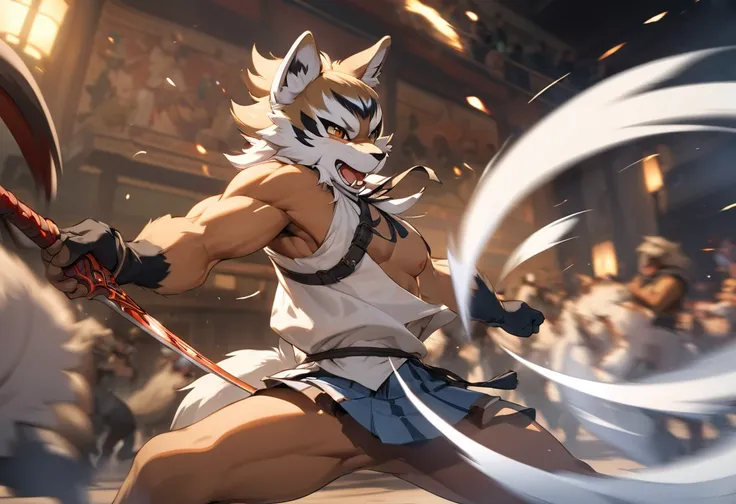 top quality, high-quality illustrations((masterpiece))depth of field, motion blur, absurdres, Perfect Anatomy, magnificent picture of kemono fighting fierce battles, kemono, 1boy, solo focus, Anthro((dramatic))epic, weapon, dynamic pose, One scene of movie...