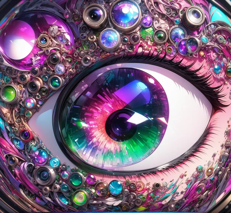 Eye, camera lens, white, red, purple, green, pink, 8k unity wallpaper, super detailed