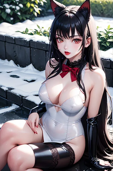 Detailed facial details，16 years old，1 girl，Red lips，Cat ear，Black long hair，Wearing snow-white latex lace bunny，Large Breasts，Slim，Collar，Radiant Skin，Sitting on the grass，garden