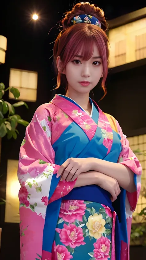 “A beautiful anime-style girl with pink hair styled in twin buns, wearing a traditional floral-patterned kimono with blue and yellow obi, standing among vibrant peony flowers. She has an intense glare, with narrowed eyes, furrowed brows, and a fierce, inti...