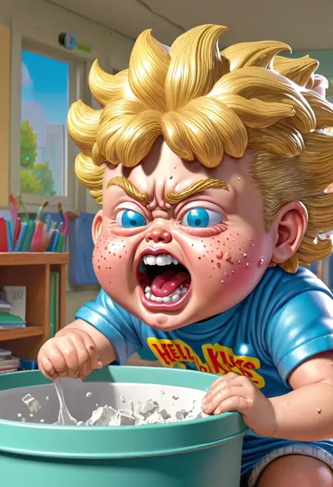 kid popping pimples on his face, ((garbage pail kids style)), in a school, 3d cartoon, high quality, detailed