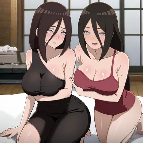 masterpiece, Very detailed, best quality, Ultra-high resolution, 1 Girl, Solitary, （Snow outside the window，exist（bamboo basket）by the fire，Sweating，blush），(中等breast), breast, (Hana and Hinata:1), (Yoga Clothes，Kneeling), cleveage, From the front，sit，exist...