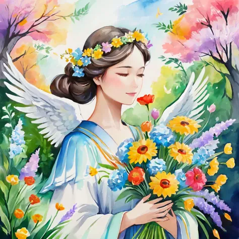 A woman holding a bouquet in a garden, portrait of a Beautiful angel, Beautiful angel, goddess of spring, of Beautiful angel, Beautiful woman angel, of an beautiful Angel Girl, Marie Angel, beautiful Angel Girl portrait, Angelic, Angelic絵がいっぱい, Angel Girl,...