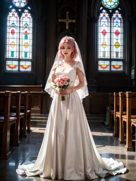 A beautiful young woman with long, flowing pink hair stands alone in a church, wearing a delicate white wedding dress. She has a serene and happy expression on her intricately detailed face, with large, expressive eyes, a small nose, and lush lips. Sunligh...