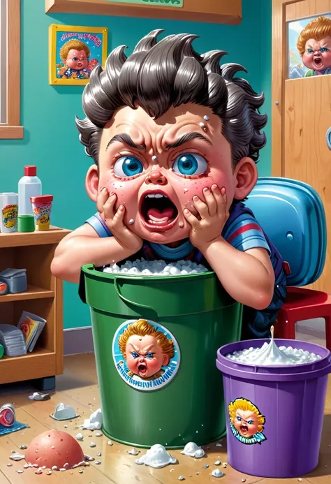 kid popping pimples on his face, ((garbage pail kids style)), in a school, 3d cartoon, high quality, detailed,