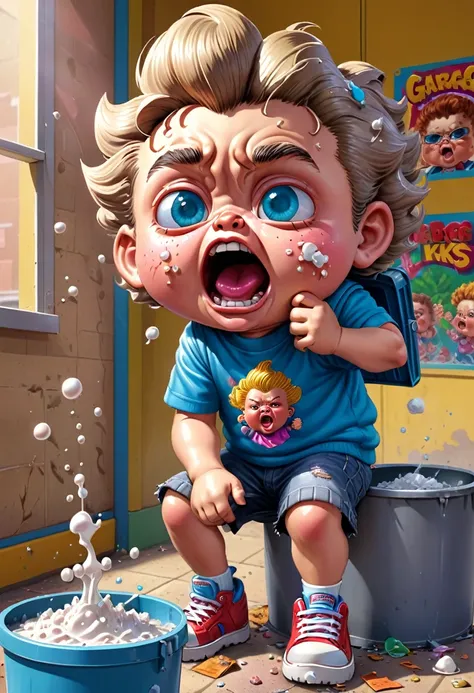 kid popping pimples on his face, ((garbage pail kids style)), in a school, 3d cartoon, high quality, detailed,