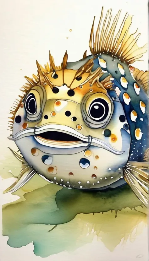 Blowfish watercolor painting　Japanese luxury puffer fish