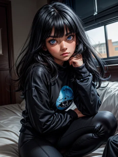 Woman with hair with black bangs, fair skin, blue eyes, black sweatshirt and leggings, looking at the viewer with a sleepy expression.