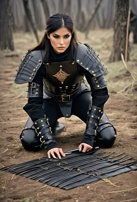 A warrior wearing black leather clothing setting traps on the ground 