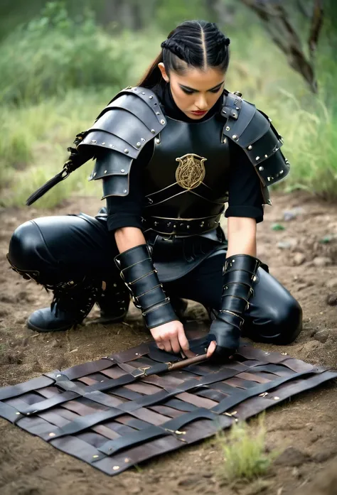 A warrior wearing black leather clothing setting traps on the ground 