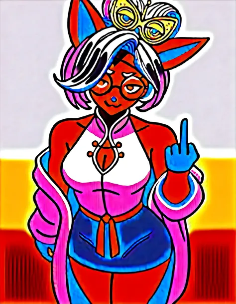 score_9, score_7_up score_6_up, score_5_up, source_furry, BREAK Anthro, antbro furry arctics fox, fox ears and tail, snout, one eye covered,purah,hair ornament, red headband, red glasses, sleeveless shirt, white coat, black skirt, red leggings, gloves,from...