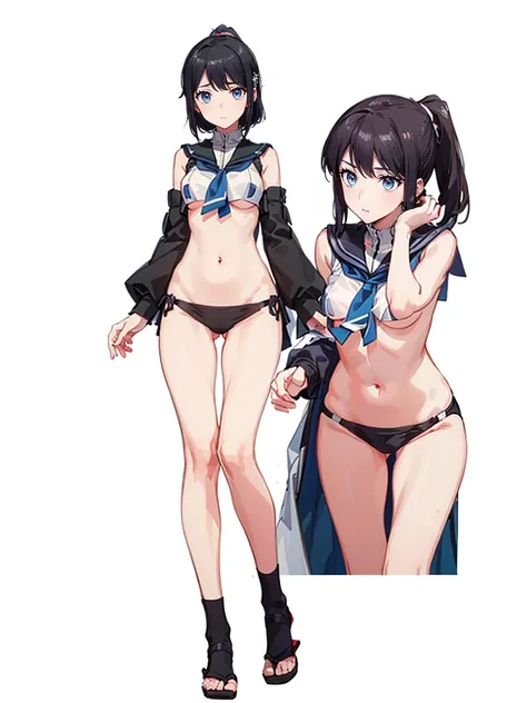 (( Fleet Collection、Kantai Collection、Yao、standing,multiple views、)),((Sailor suit、topless、breasts out,belly button、Bottomless))、woman,Full body photo, ((white background))) 、Best image quality, high quality, The background is clear，きれいなwoman, Japanese, de...