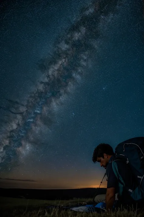 A man is seen lying on his back on a tiny blanket. next to a backpack. while looking at the night sky full of stars. Walker,  un traveler cansado durmiendo  boca arriba bajo las estrellas en el campo. tired out, traveler, observe the milky way