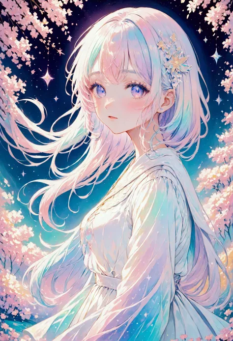 illustration of a girl drawn using only pastel colors,draw the outline in white,gentle colors,white casual clothes that sparkle ...