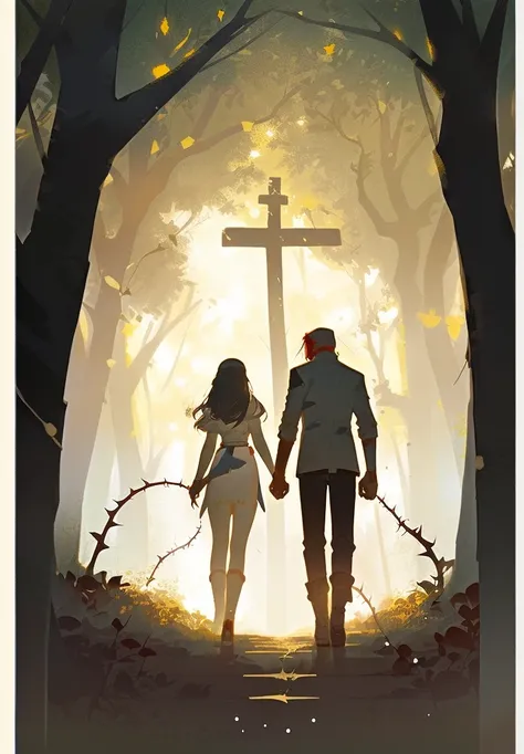 A man and a woman walking through the forest holding hands, Adam and Eve, tragen Animal skins, Animal skins, The Fall of Man, surrounded by thorns,artistic concept for a book cover