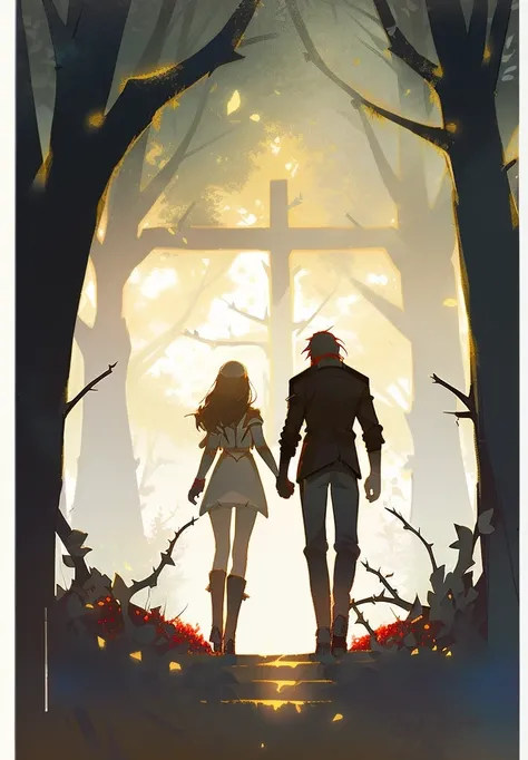 A man and a woman walking through the forest holding hands, Adam and Eve, tragen Animal skins, Animal skins, The Fall of Man, surrounded by thorns,artistic concept for a book cover