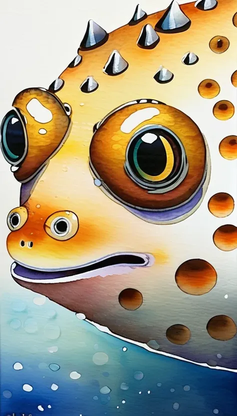 Blowfish watercolor painting　Japanese luxury puffer fish