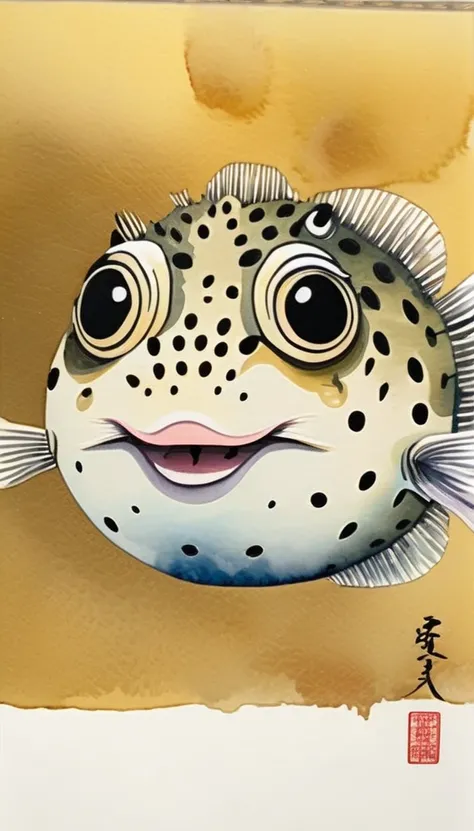 Blowfish watercolor painting　Japanese luxury puffer fish